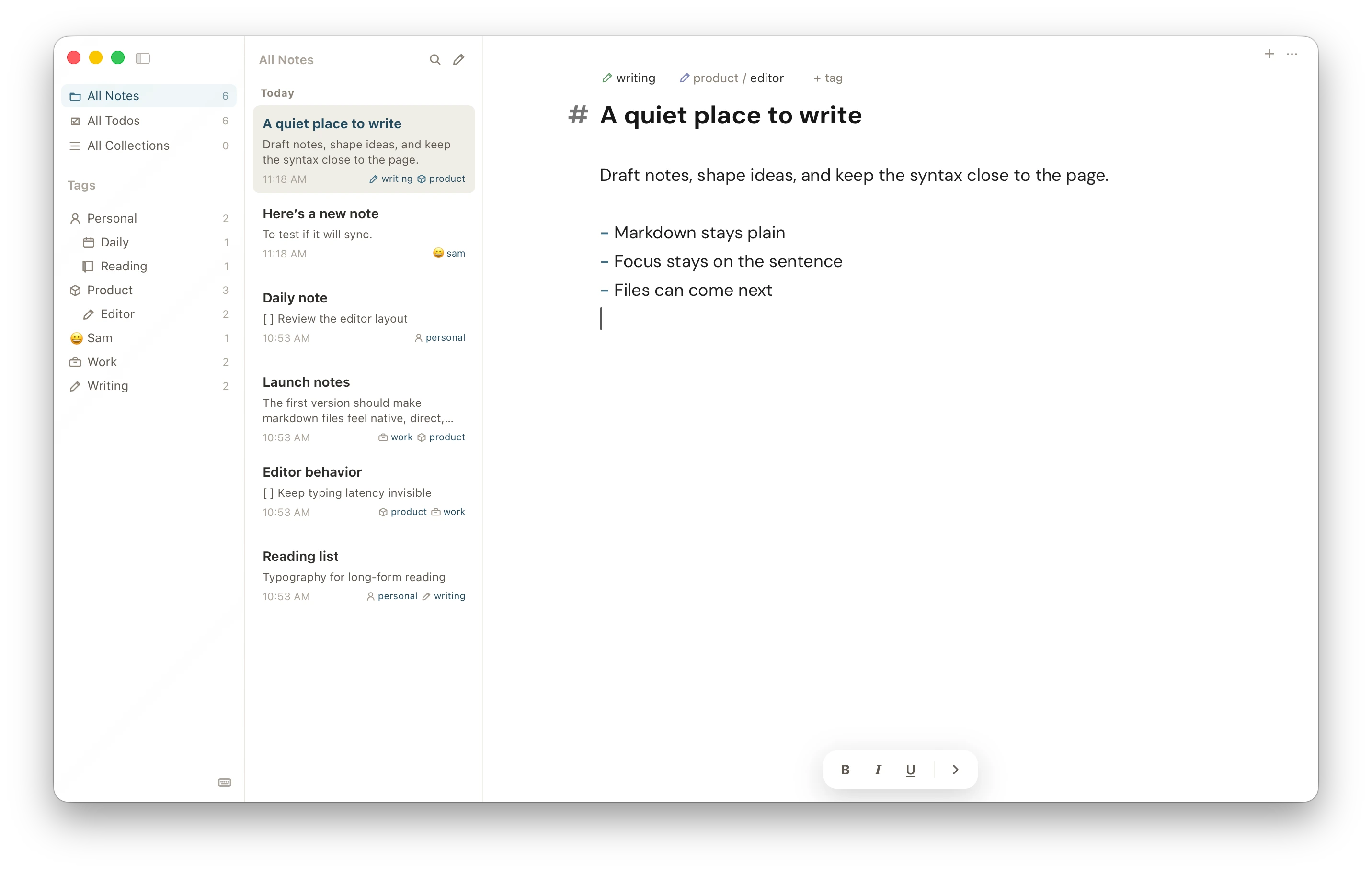 The Pyramid desktop app: a sidebar of tags, a list of notes, and a markdown note titled “A quiet place to write” open in the editor.